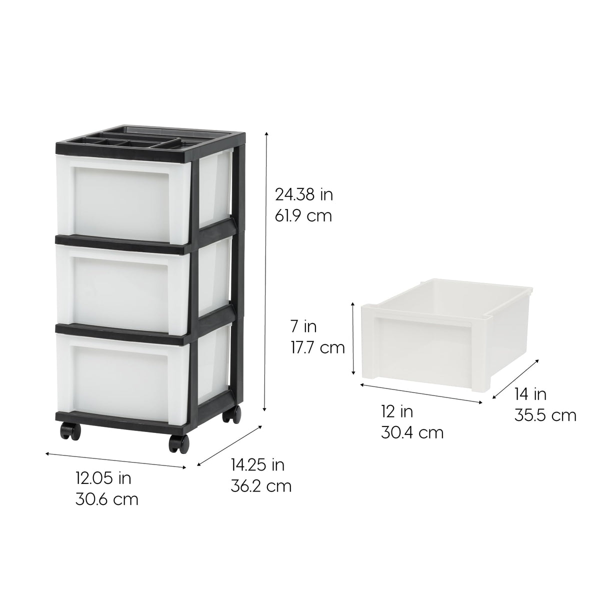 IRIS USA Plastic Drawer Storage Organizer Rolling Cart, with Wheels Casters, 3-Drawers, for Classroom Art Craft Supplies Dresser Closet Bathroom Laundry Room, Black/Pearl