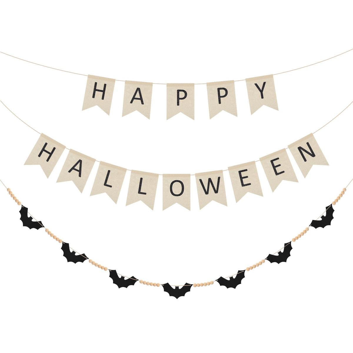 SmoothNovelty 2 Sets Halloween Decoration Wooden Felt Bat Bead Wreath Banner and Halloween Pull Flag Banner for Farmhouse Bat Wreath Decor for Mantel and Wall