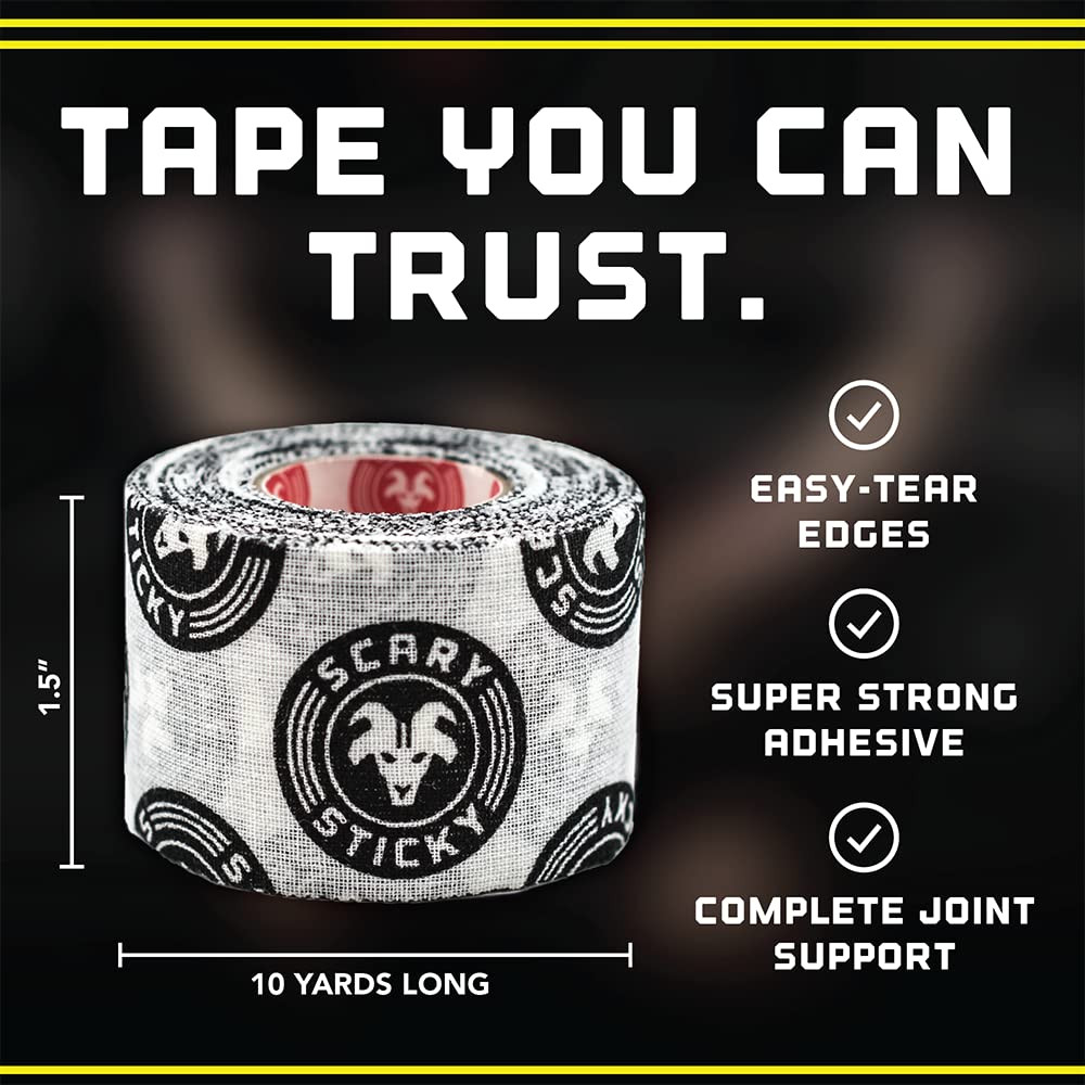 Scary Sticky Premium Athletic Tape, Ultra-Sticky Thumb, Finger & Wrist Tape for Weightlifting, Hook Grip & Cross Workout, Cotton, Latex-Free, 10 Yards, White/Black, 2 Rolls