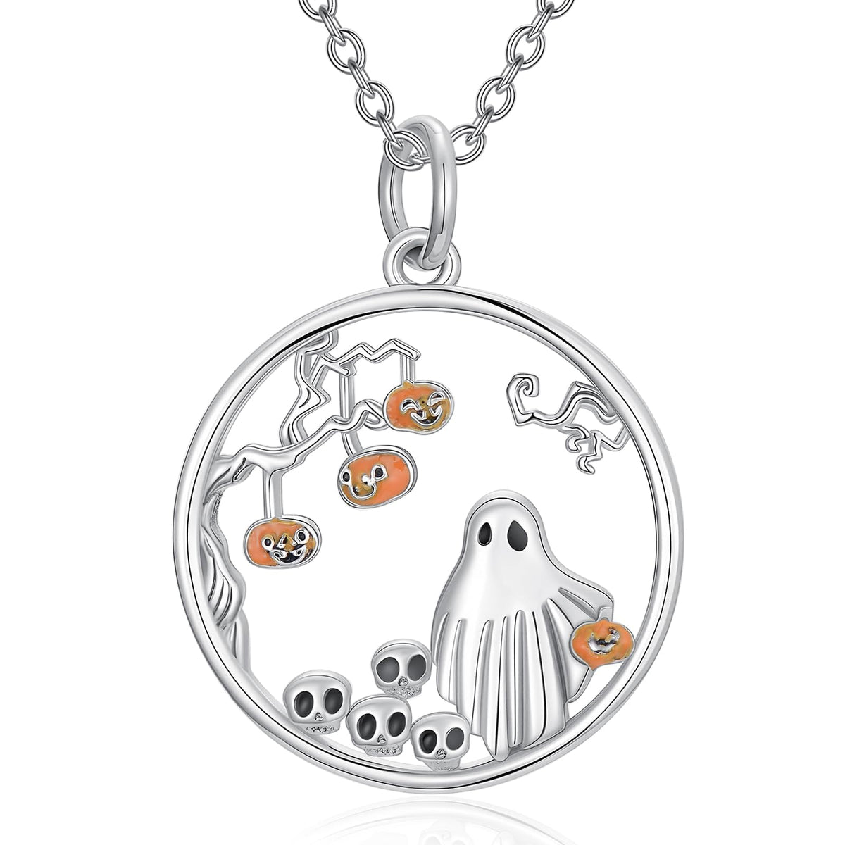 Dorunmo Ghost Pumpkin Necklace 925 Sterling Silver Ghost Pendant Necklace Halloween Ghost Jewelry Gifts for Women