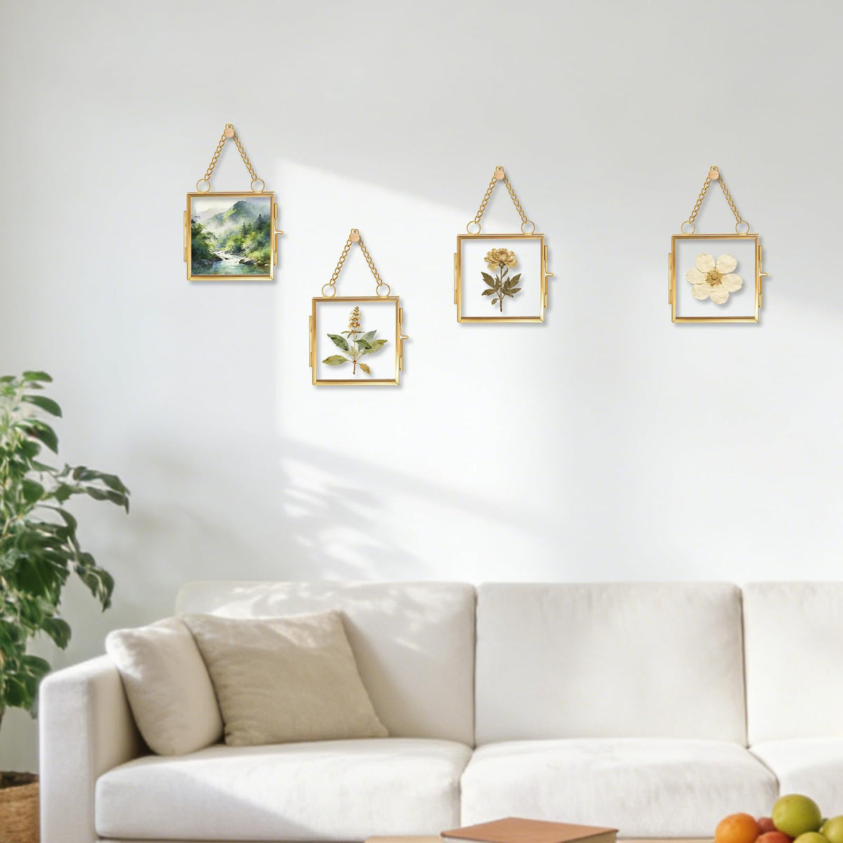 Orepzinc 4 Pcs Mini Brass Wall Hanging Photo Frame, Square Glass Hanging Picture Artwork Display Frame, Double Glass Floating Frame Style Gallery Wall for Picture, Pressed Flower (3.5x3.5 inch)