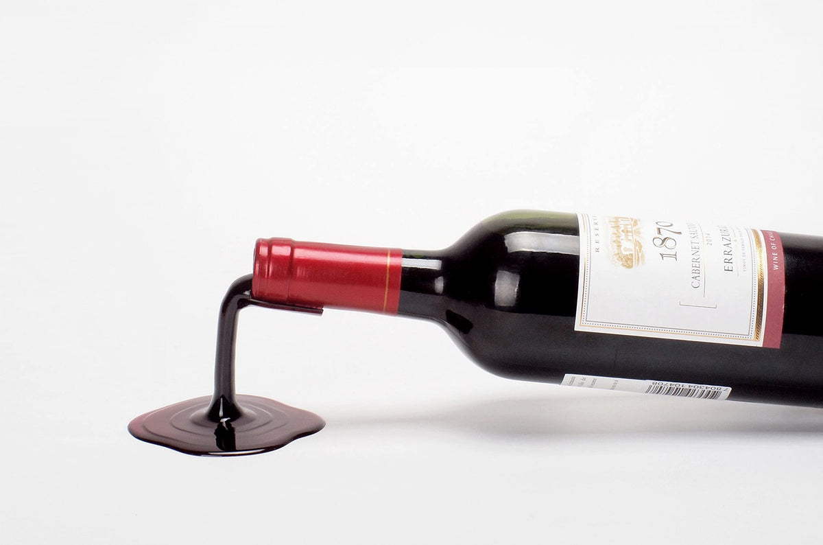 Spilled Wine Bottle Holder Set of 2 (Red & White) - Funny Novelty Wine Rack & Hostess Gift, Realistic Optical-Illusion Tabletop Wine Decor for Kitchen, Bar Cart & Dining Room