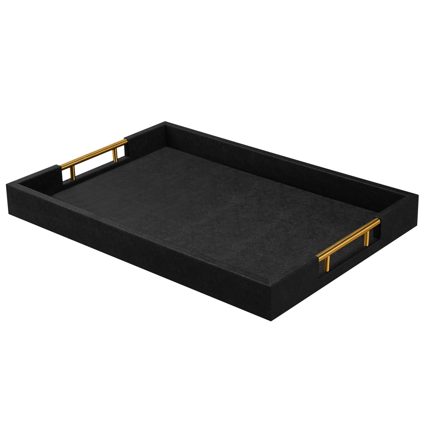 14x20 Inches Black Faux Leather Wrappen Wood Serving Tray with Metal Handles for Various Occasions, Ottoman, Home Decor Decorative, Living Room, Coffee Table Organizer, Serving Breakfast On Bed