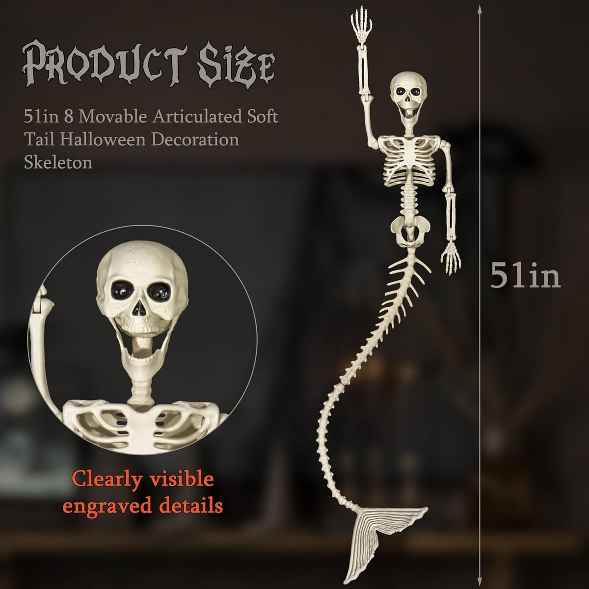 BEABOO 1 Pack 52 Inches Mermaid Halloween Skeleton Pose-N-Stay Posable Movable Joints Hanging for Halloween Decoration Decor Spooky Scene Party Favors