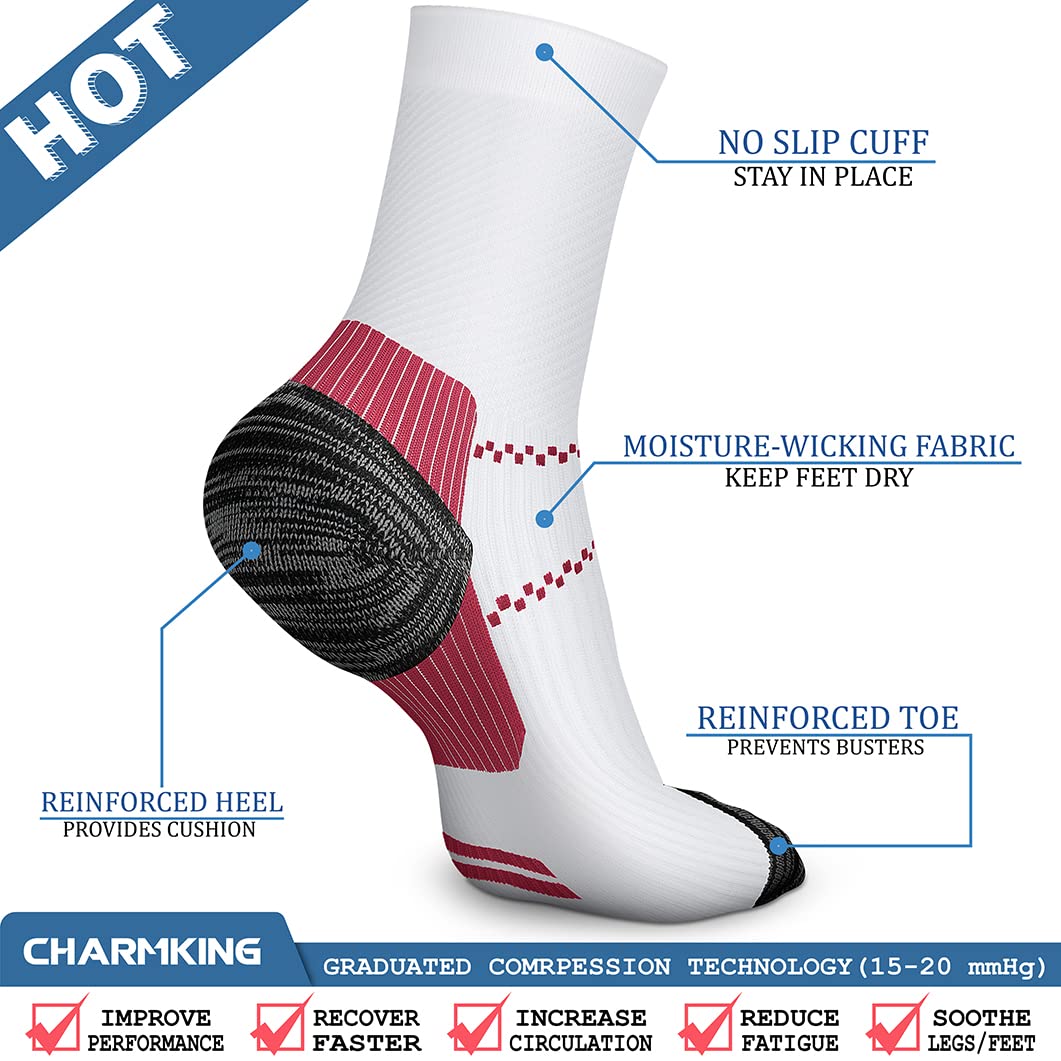 CHARMKING 6 Pairs Crew Compression Socks for Women & Men Circulation 15-20 mmHg is Best for All Day Wear Running Nurse (S/M, White Multicolor)