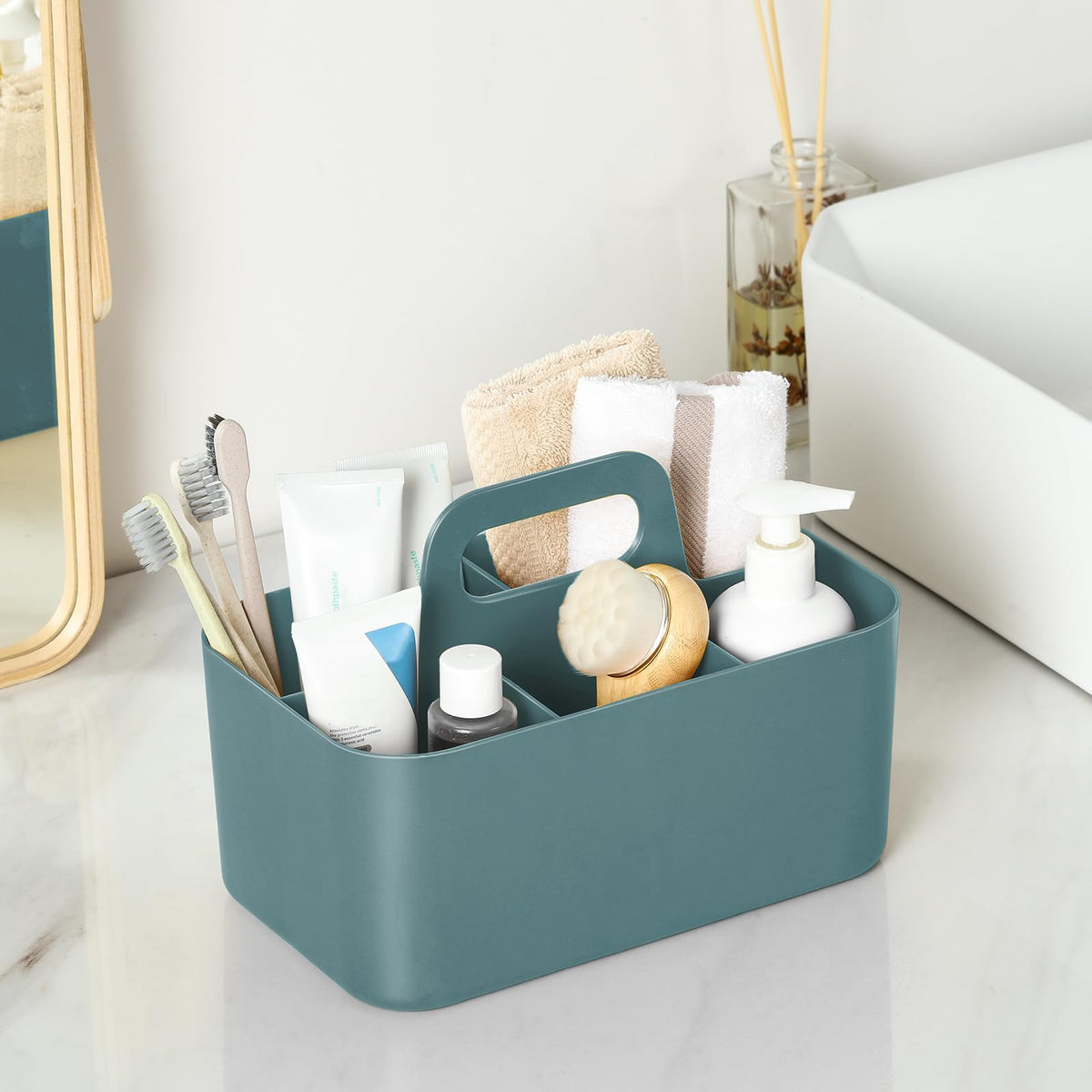 Multiuse Caddy Organizer with Handle, Portable Divided Plastic Tote Bin - Art Craft, Stationary Pen Marker Crayons, Makeup Hair Supplies Storage - Bathroom, Classroom, Dorm, Office, Desk Holder - Cyan