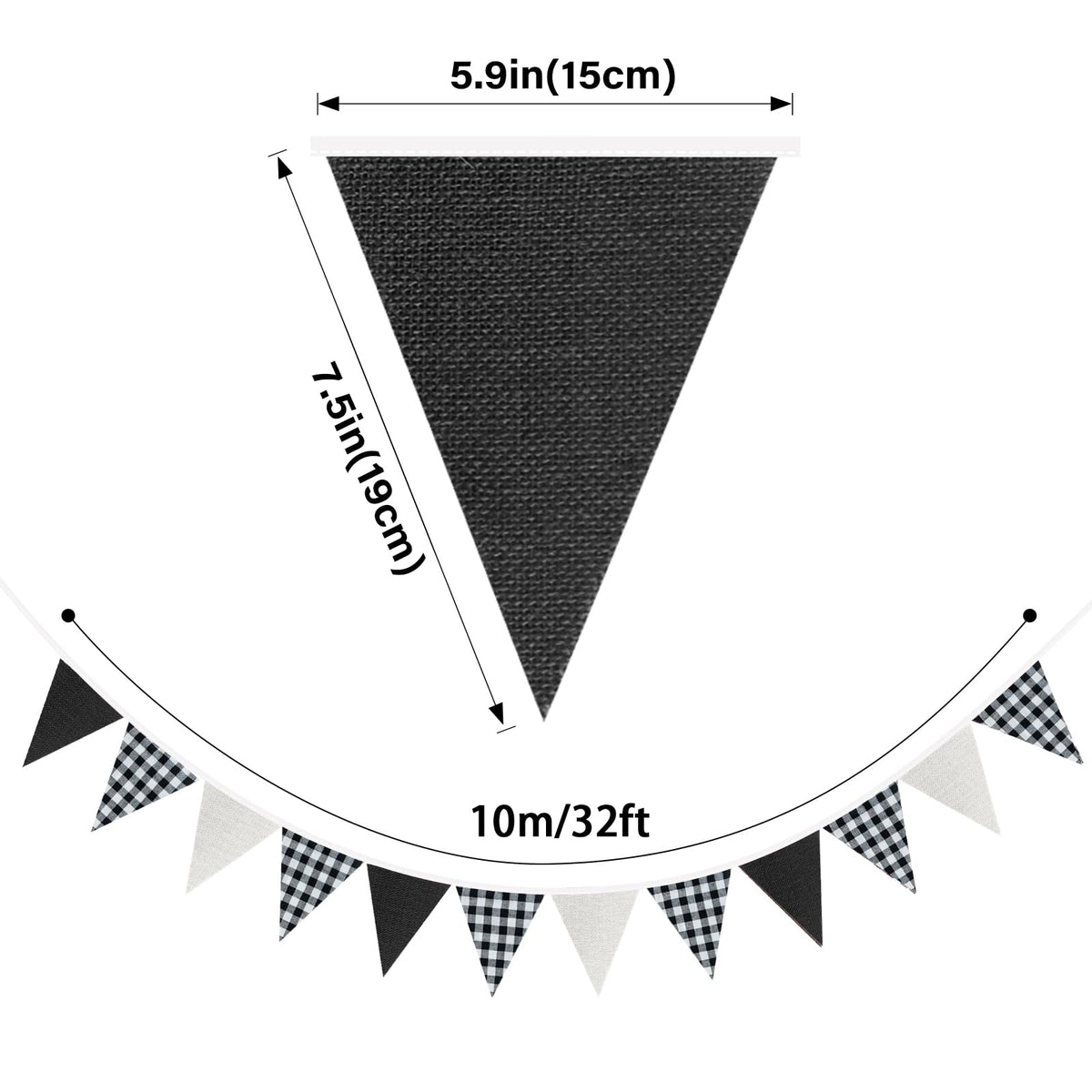 G2PLUS Black and White Gingham Fabric Bunting Banner, 32Ft Cotton Burlap Triangle Garland for Soccer Party, Game Day, Racing Car Party, Birthday, Graduation & Outdoor Decorations