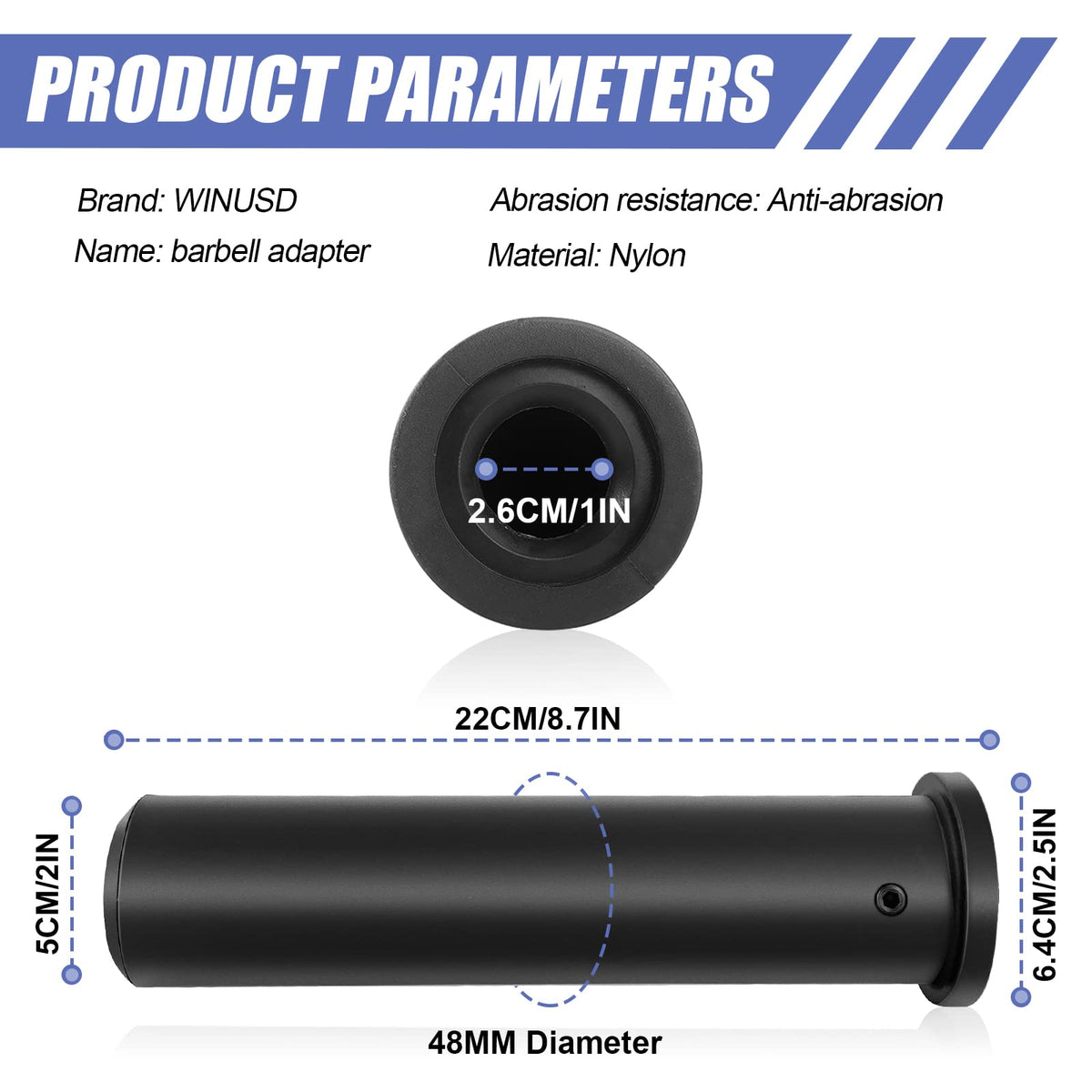 WINUSD 2Pcs Nylon Olympic Adapter Sleeve 8- Converts 1" Standard Weight Plate Posts to 2- Olympic Weight Plate PostsIncludes Removable end Cap and Allen Key