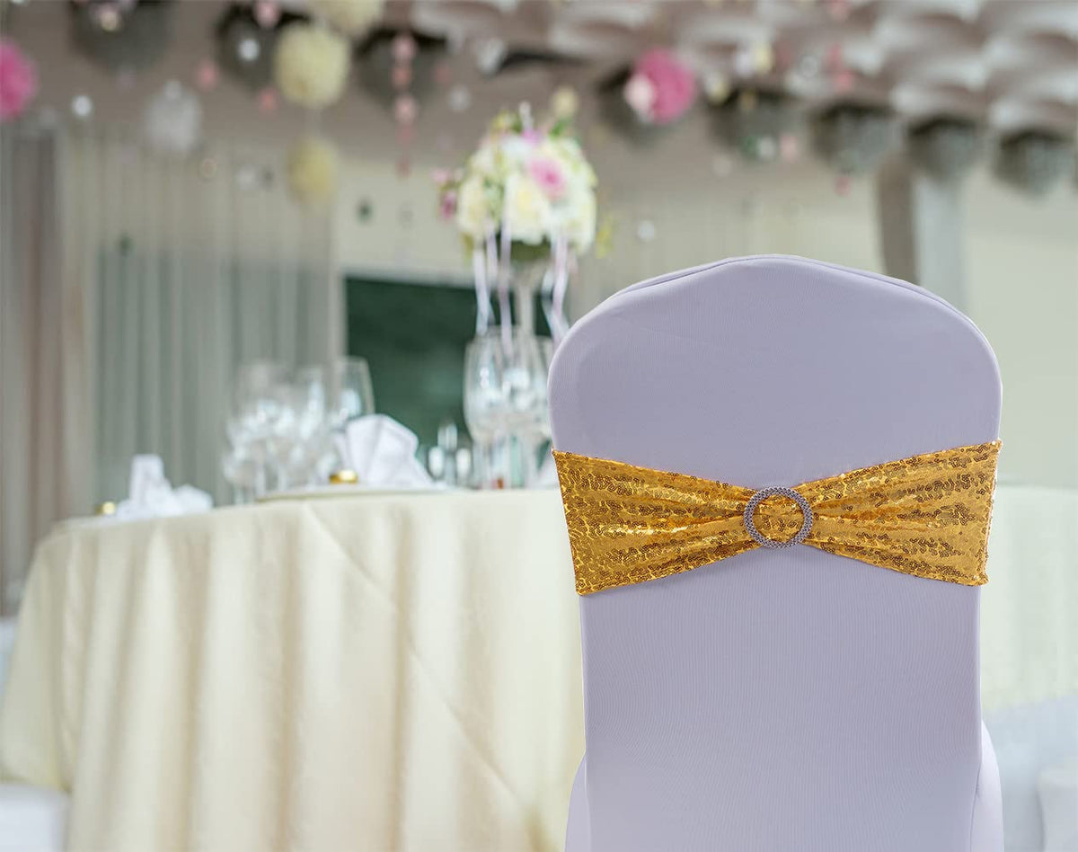 WENSINL All Sequin Gold Chair Sashes 100 Pack, Gold Sequin Chair Sashes Bows for Wedding Party Folding Chair Decoration, Golden Chairs Band with Buckles for Fiesta Event Decorations