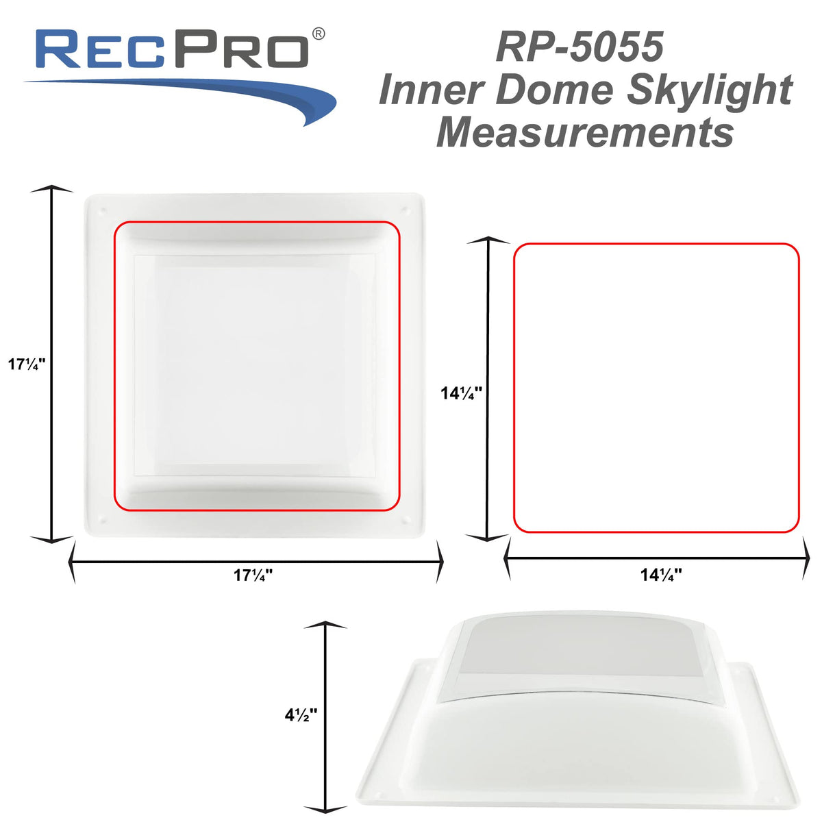 RecPro RV Skylight Inner Dome with Clear Window, Model RP-5055, 14in x 14in Universal Size