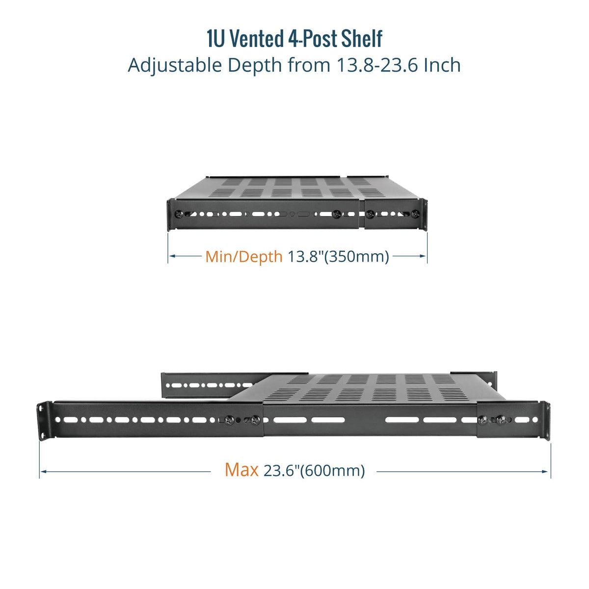 Tecmojo 1U 4-Post Vented Server Rack Mount Shelf,13.8in Deep with Adjustable Depth 13.8-23.6inch,Supports to 242 lbs,Universal Tray for 19 Inch AV/Network Equipment Rack,Black
