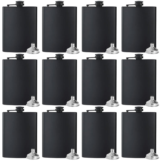 BALABALA Hip Flasks for Liquor for Men Women 12 pcs 8Oz Matte Black Stainless Steel Flask with 12 pcs Funnels for Wedding Party Groomsman Bridesmaid Birthdays Gift
