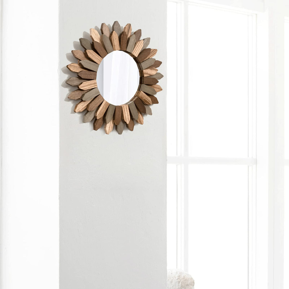 Honiway Boho Wall Decor 12 inch Decorative Mirror with Rustic Wood Sunburst Frame, Perfect for Bedroom, Living Room, Bathroom, Kitchen
