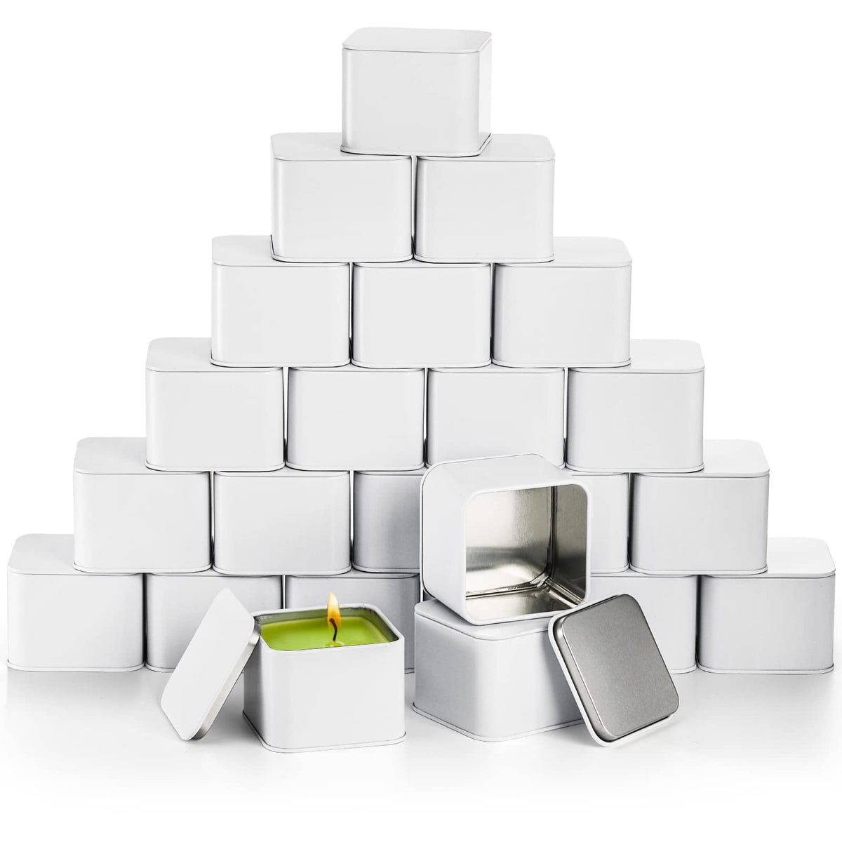 AVLA 24 Pack Candle Tins, 8 OZ Square Candles Jar with Lid, Empty Metal Candle Containers, Bulk Candy Storage Can Sets for DIY, Arts, Crafts, Storage, Gifts, White Decorative Candles Making Supplies