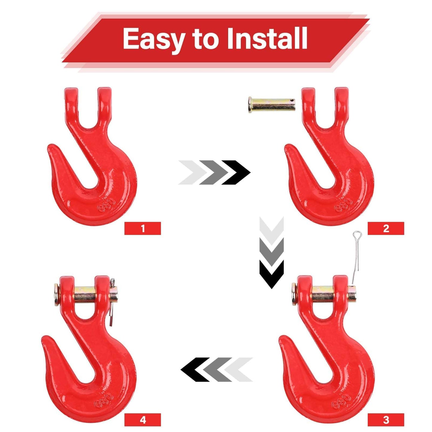 Lechansen G80 1/4'' Chain Grab Hooks, 4 Pack Grade 80 Clevis Grab Hook, 1/4" Tow Hook Heavy Duty for Transport Chain, 3,300 Lbs Working Load Limit, Trailer Truck Hook Binder Chain Hook for Transport
