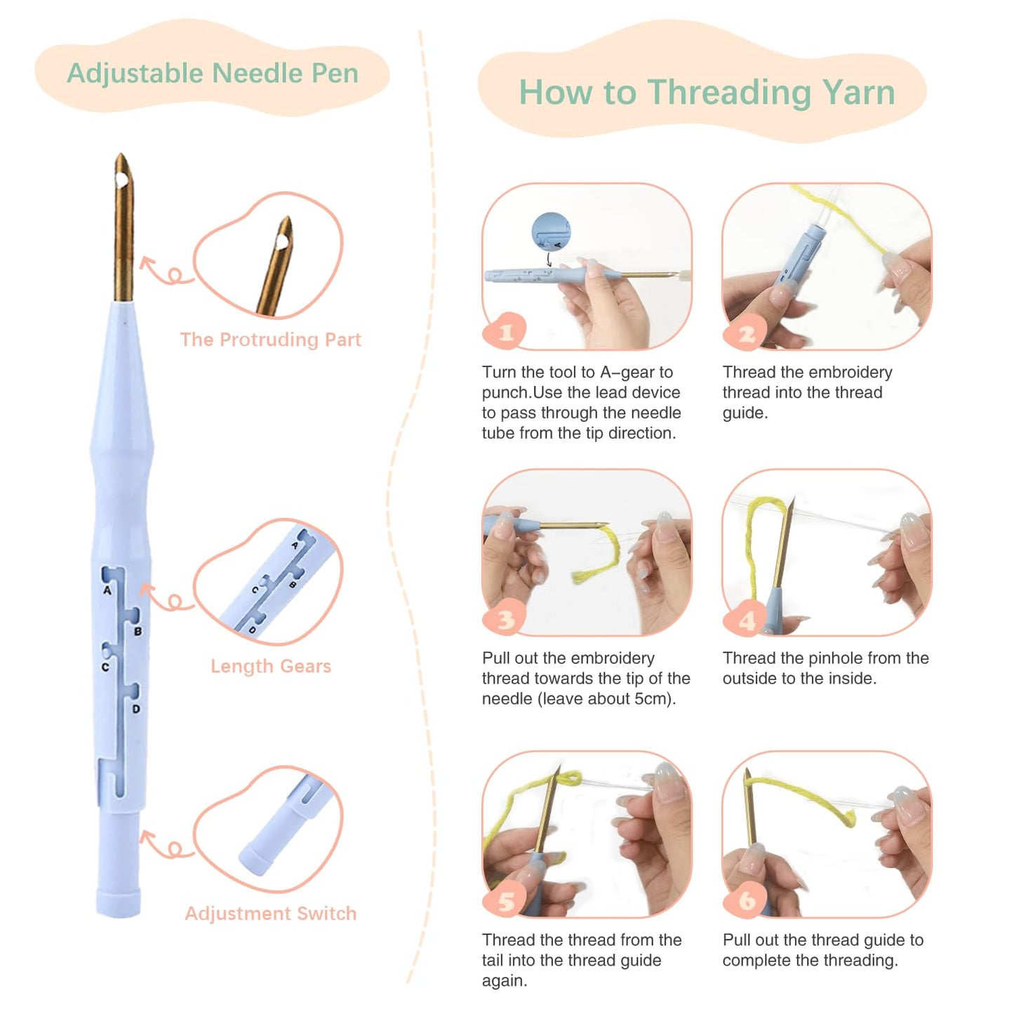 SDOYUNO Punch Needle Kit with Frame for Adults Beginners Kits 9.84 x 9.84 Inch Embroidery Starter Kits Punch Needle Kit with Cat Pattern, Threader, Yarns, Rug Punch, DIY Craft Kits (Beige)