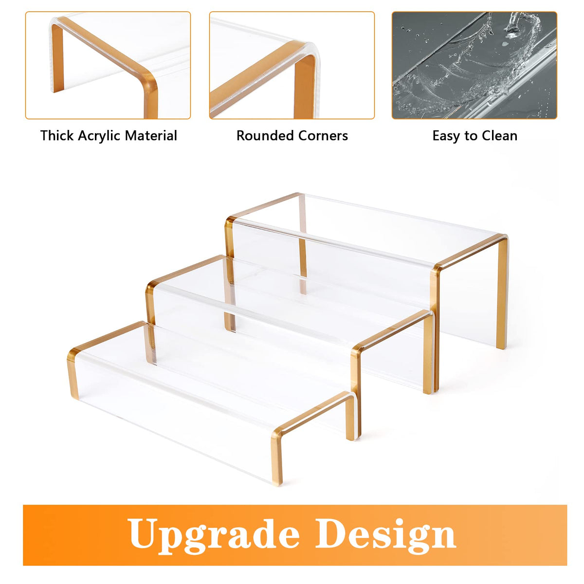 Purse Display Stand, 6mm Thick Clear Acrylic Risers Display Stands, Gold Shoe Display Riser, 3 Pack Luxury Handbag Bag Wallet Shoes Jewelry Perfume Display Showcase for Closet Retail Vendor Store