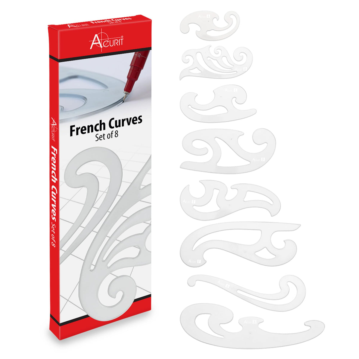 Acurit French Curve Set of 8 – Clear Plastic Drawing Templates for Sewing, Pattern Making, Drafting, Fashion Design, Architecture, Graphic Illustration – Smudge-Free Inking Edges