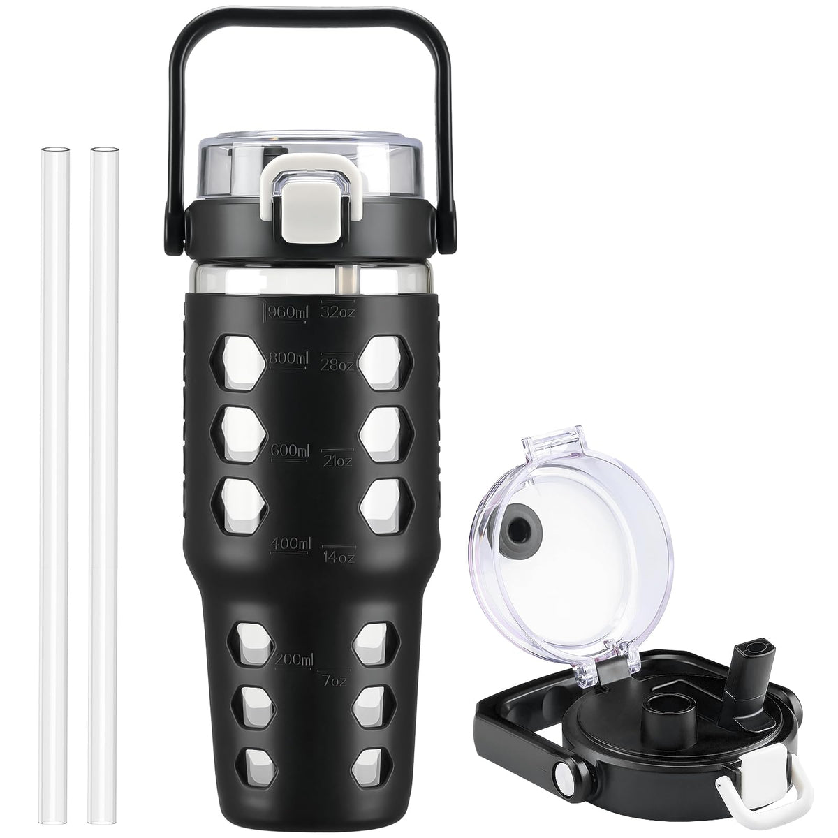MUKOKO 32 oz Glass Tumbler with Straw,Glass Water Bottles with Time Marker,Iced Coffee Cup with Silicone Sleeve,Motivational Drinking Bottles,Leakproof-Black