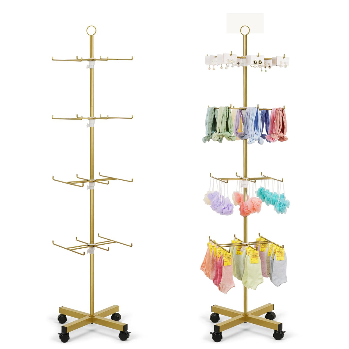 Flenpptly Retail Display Stand Rotating Display Stand 4 Tier Spinning Display Stand for Craft Shows, Jewelry, Keychain, Earring Adjustable Height Retail Display Racks (Gold)