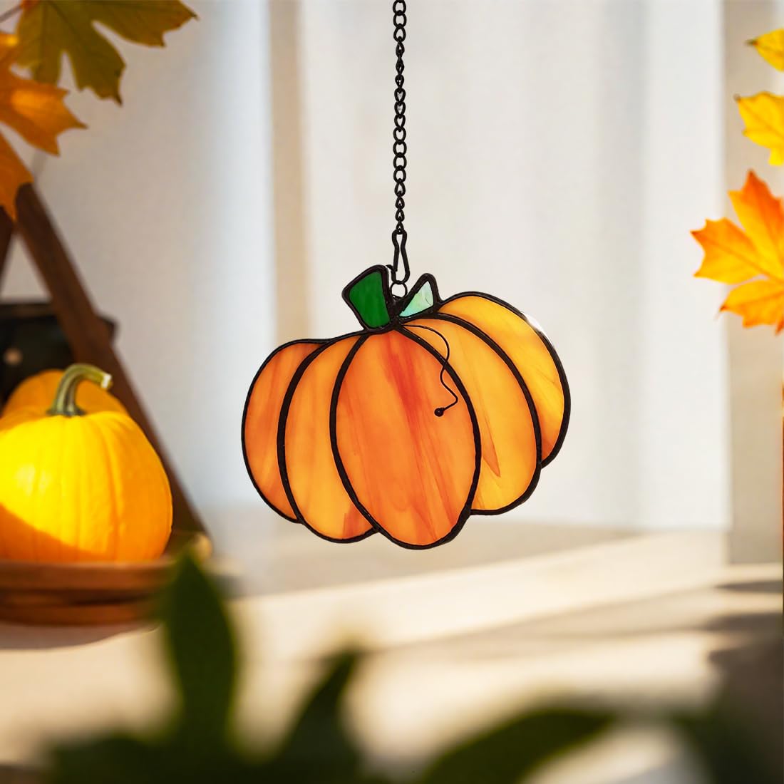 LITEPEDIA Pumpkin Decor Stained Glass Window Hanging,Autumn Decor Stained Glass Suncatcher for Window,Fall Pumpkin Gifts for Men Women Friend,Thankgiving Gift