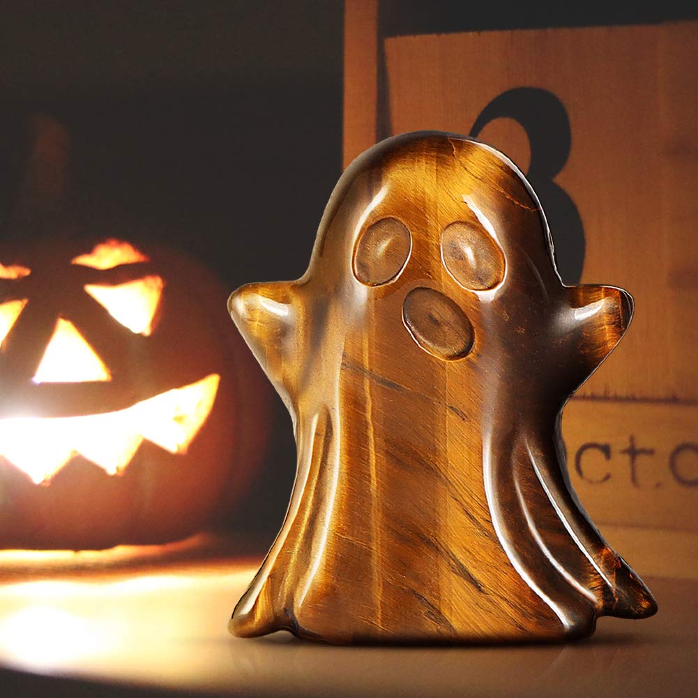 Artistone Tigers Eye Crystal Ghost Statue 2 inch Ghost Figurine Natural Gemstone Hand Carved Statue for Halloween Carnival Home Decor Desk Decoration