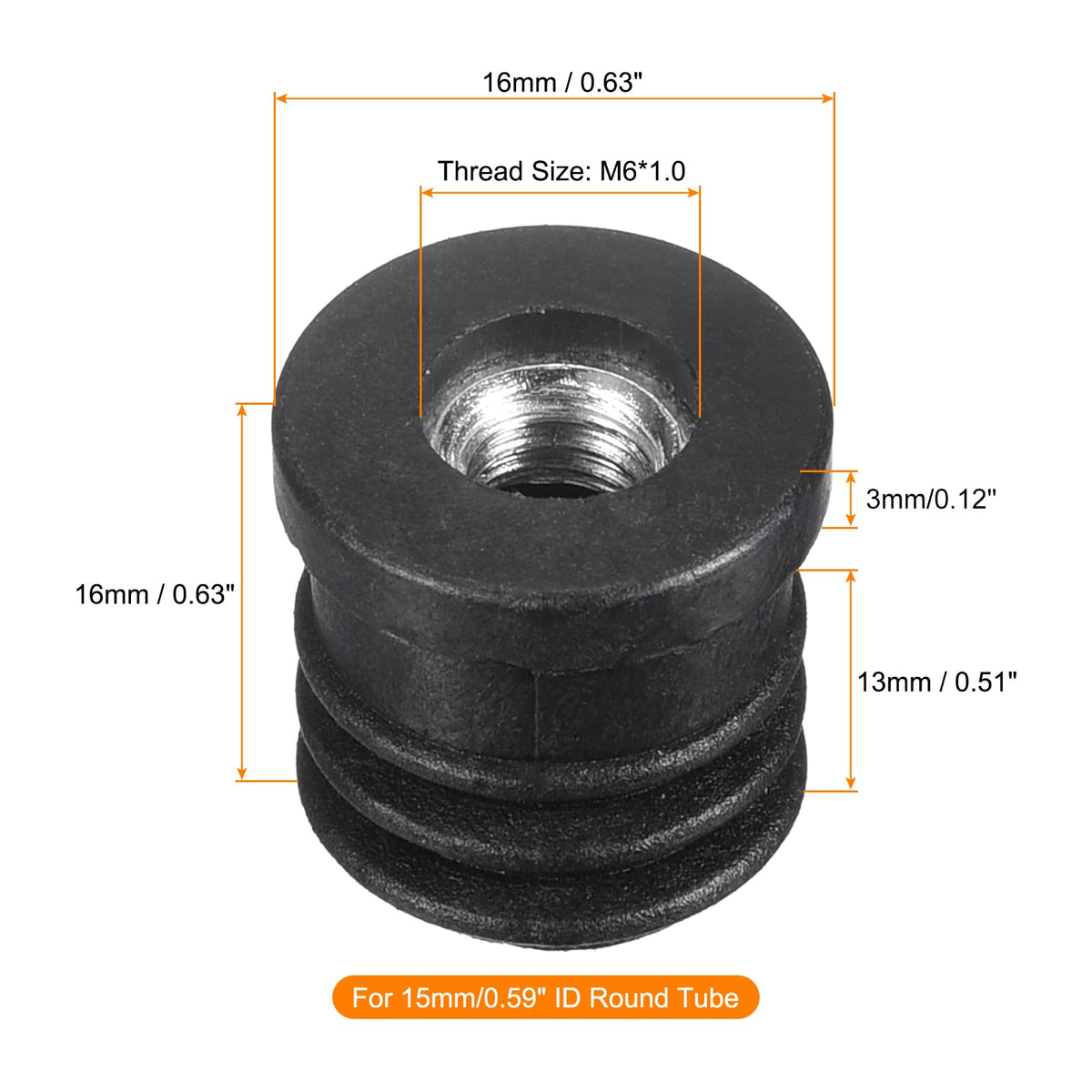 uxcell 12Pcs Black Plastic Round Inserts for 15mm/0.59" ID Round Tube, M6 Thread, Furniture Leg Plugs
