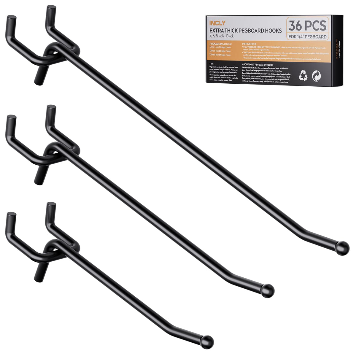 INCLY 36 Pack 4/6/8 Inch Black Pegboard Hooks, 1/4" Heavy Duty Peg Board Shelving Hooks Accessories, Peg Board Tool Hangers Fit 1/4" Pegboard for Organizing Garage, Craft Room, Kitchen, Store