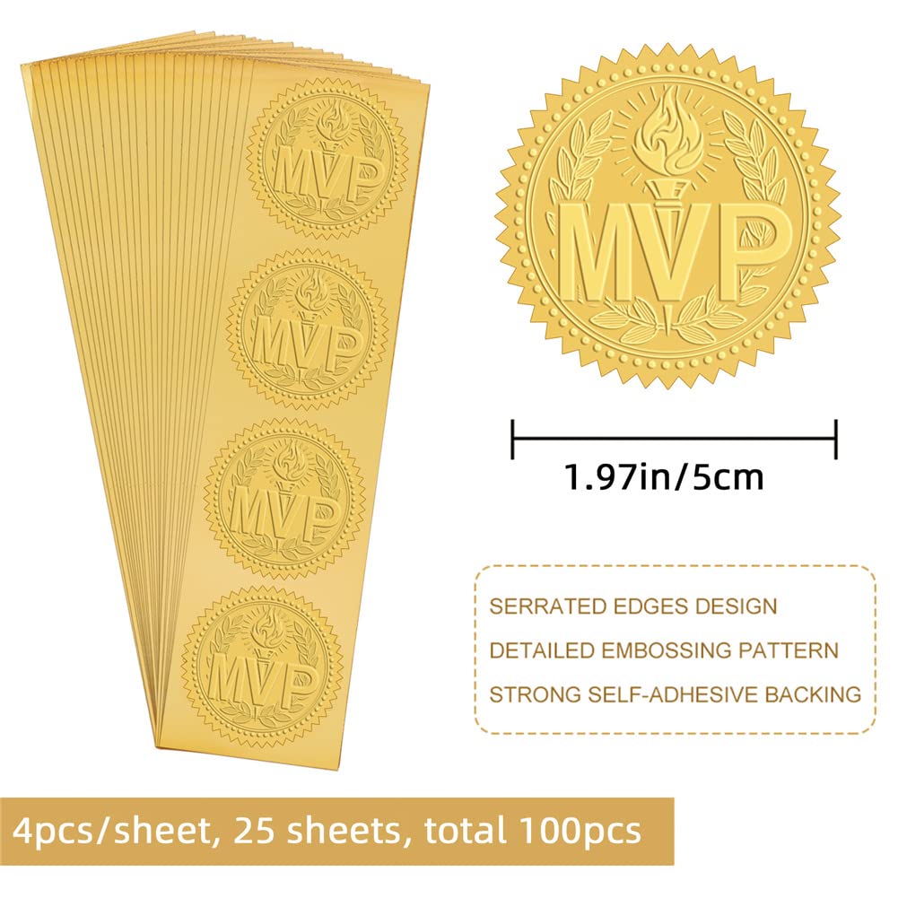 CRASPIRE 2 Inch Gold Embossed Envelope Seals Stickers MVP Certificate Award Diplomas Medal 100pcs Torch Embossed Foil Seals Adhesive Foil Seals Stickers Label for Wedding Invitations Gift Packaging