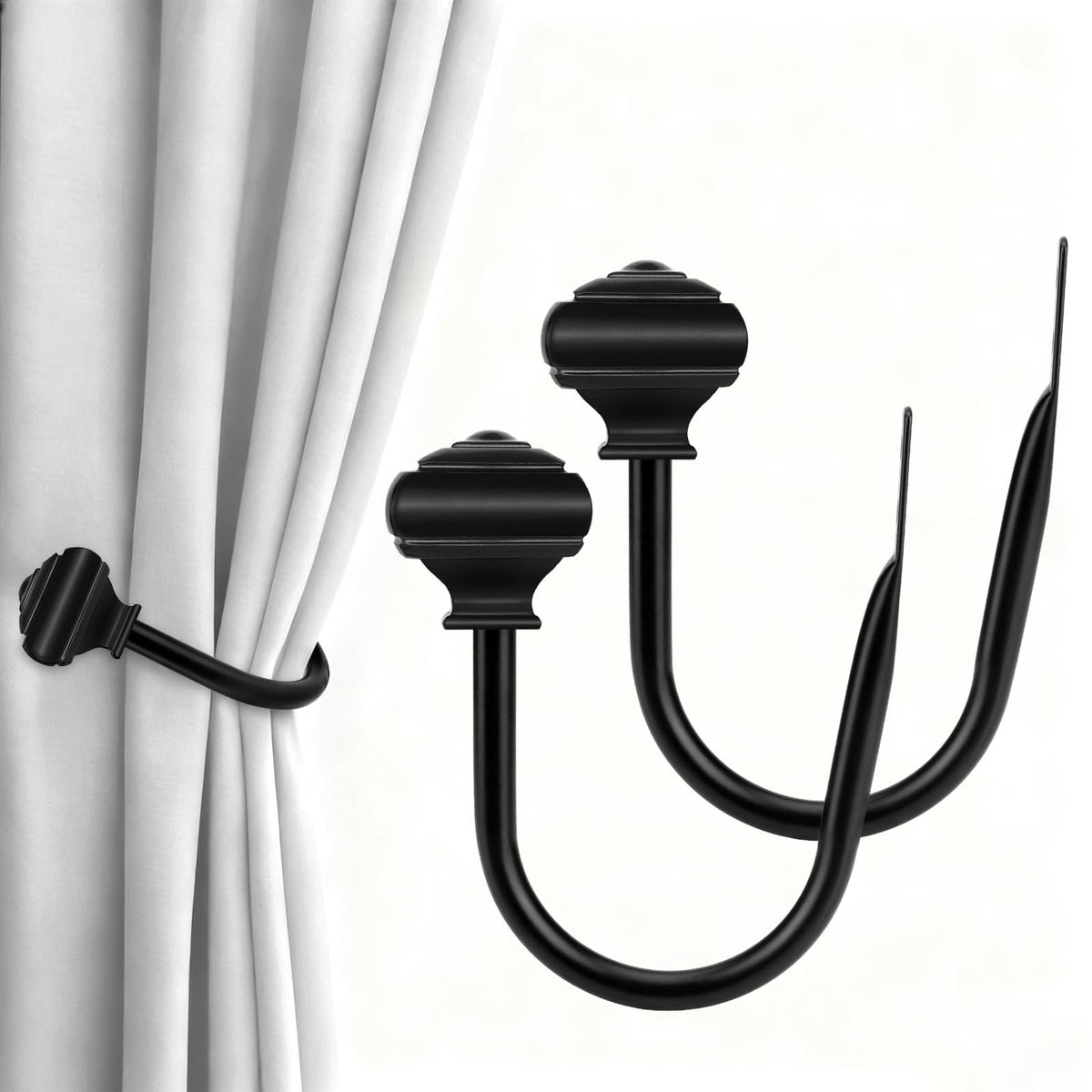 2 Pack Black Curtain Tiebacks, USFOOK Decorative Window Drapery Holdbacks (2 Pack/1 Pair), Curtain Hooks for Drapes with Square Finials (3.45" L x 5.35" W)