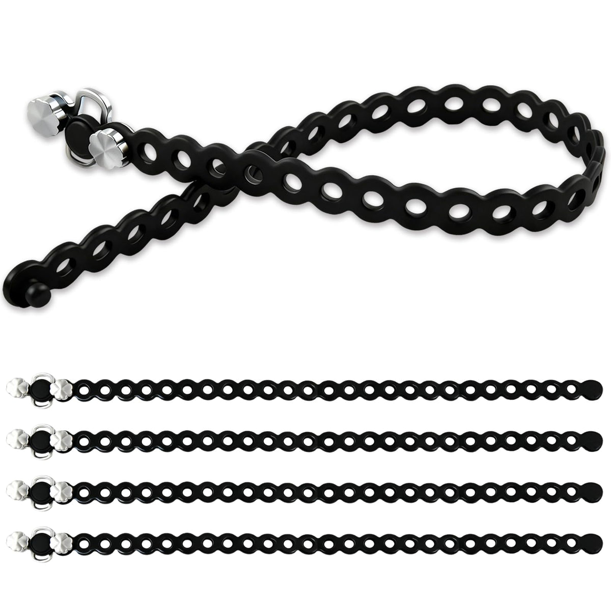 PILISPARK Modular Straps (4-Pack), Heavy Duty Silicone Gear Tie, EDC Multi-Tool Strap for Camping, Travel & Outdoor Survival（Black）