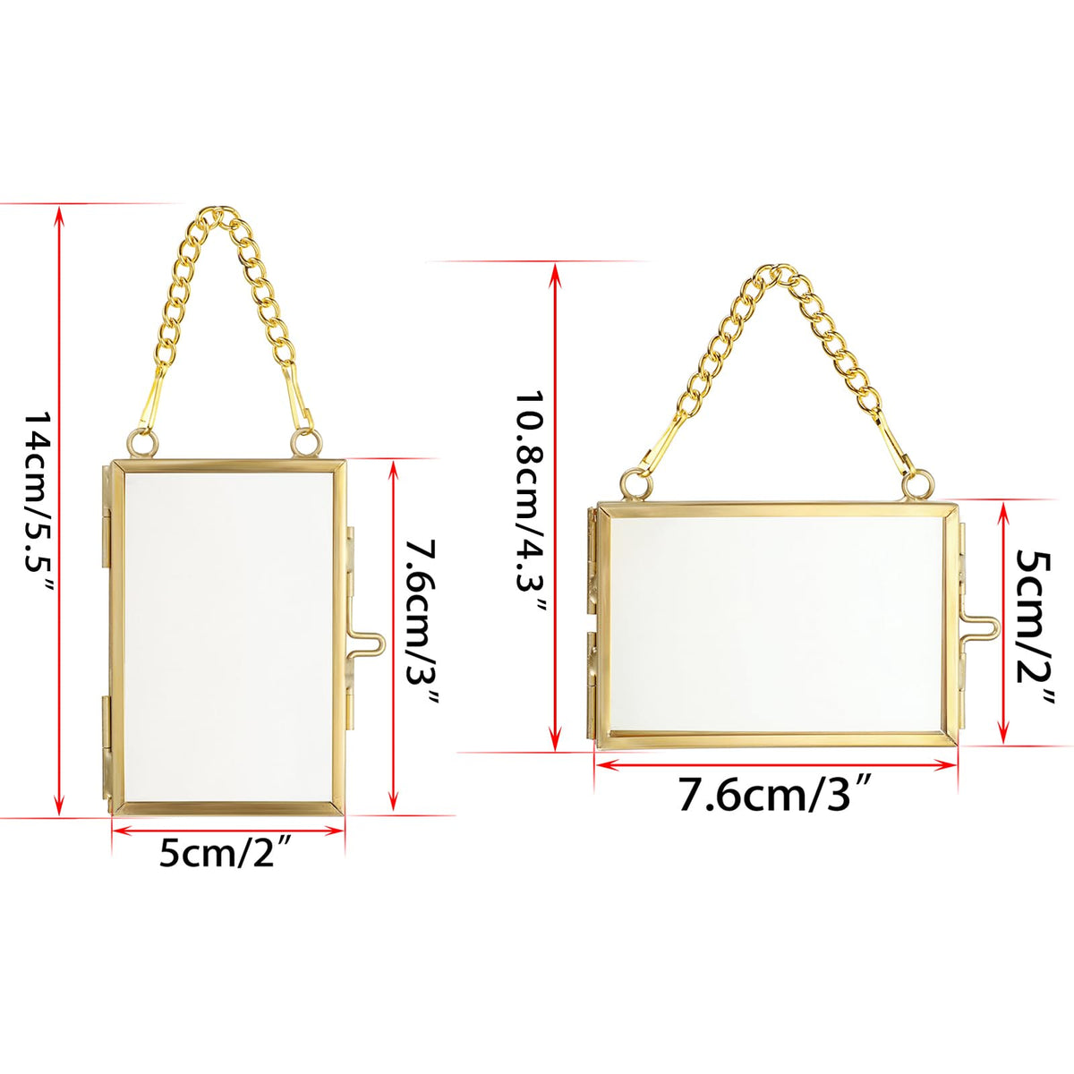 JUXYES 8 Pack Mini Brass Floating Frames Ornaments With Hanging Chain - Double Glass Tiny Picture Display Frame - Gold Wallet Size Floater Style Gallery Wall Frame for Pressed Flowers, 2x3 Inches