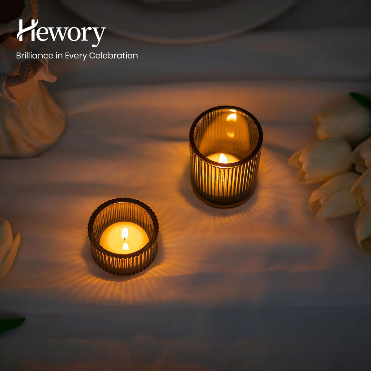 Hewory Glass Tealight Candle Holder: 8 Pcs Dark Green Votive Tea Lights Candle Holder, Ribbed Tea Light Holders Fall Decorations for Thanksgiving Table Centerpiece Wedding Party Home Decor