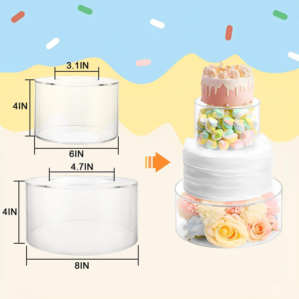 LDXDRU 2 Pcs Acrylic Cake Stand, Clear Cake Stand, Acrylic Cake Riser, Fillable Round Cake Display Riser for Birthday Wedding Holiday Party Display (6", 8")