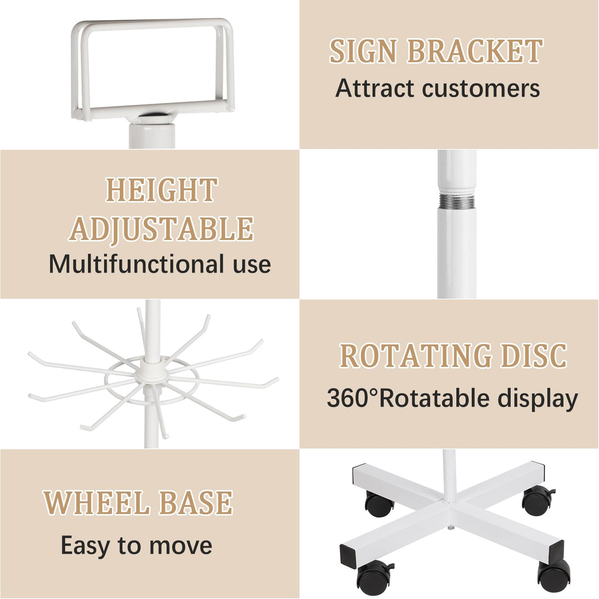 Exttlliy 5-Tier Metal Spinning Display Stand Rack with Wheels, Keychain Jewelry Stocking Hat Display Stand, White
