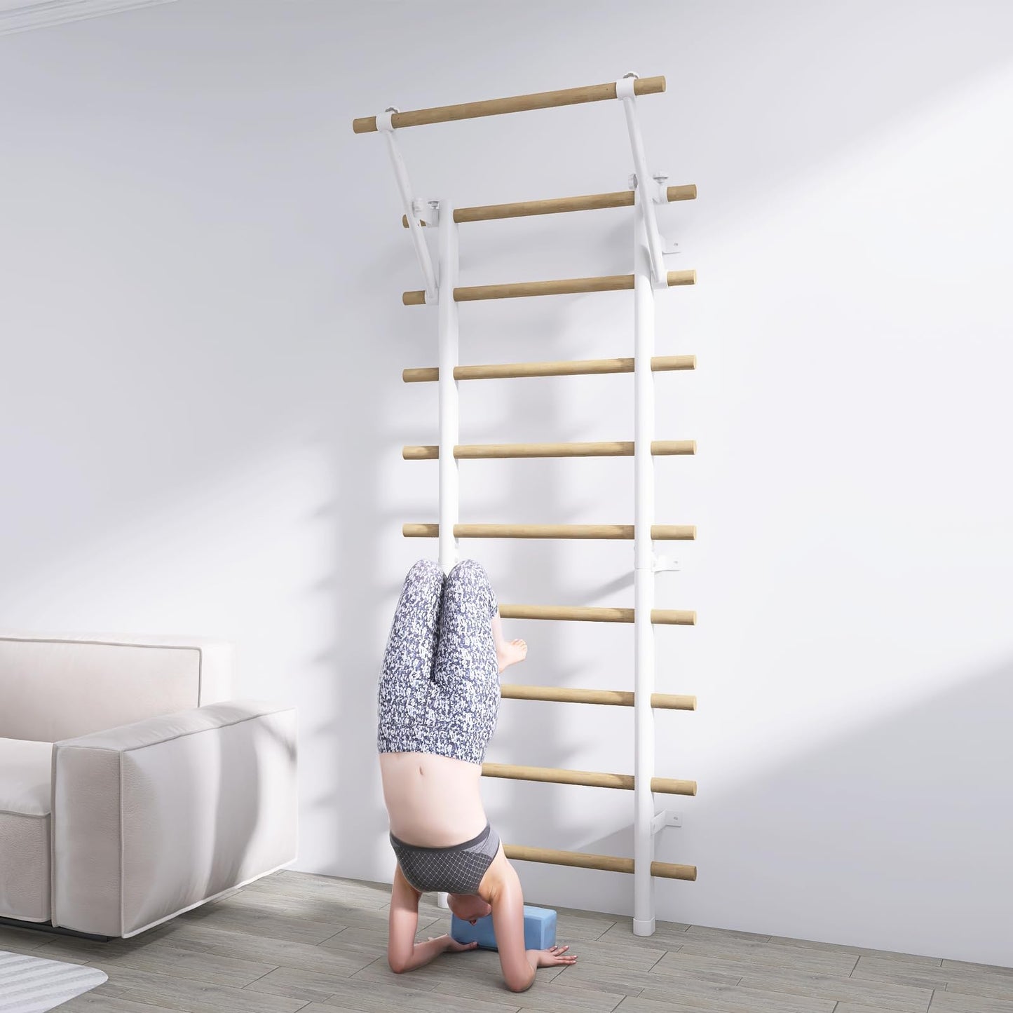 DHT Swedish Ladder Wall Gym, Wood Stall Bar, Suspension Trainer with 9 Strategic Rods, Indoor Jungle Gym for Kids and Adult, Wall Bars for Home, School, Physical Therapy and Gymnastics, White