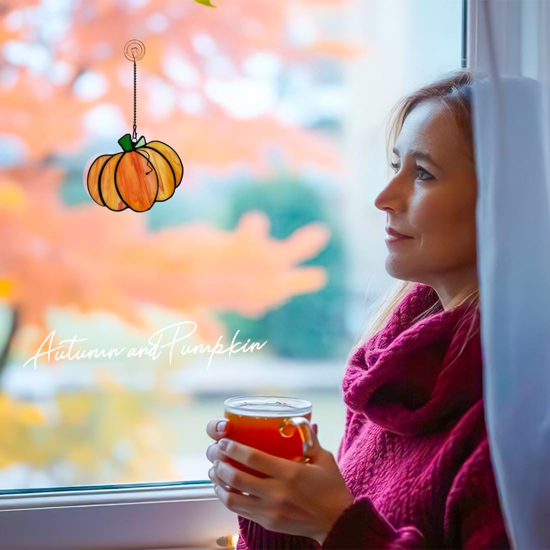 LITEPEDIA Pumpkin Decor Stained Glass Window Hanging,Autumn Decor Stained Glass Suncatcher for Window,Fall Pumpkin Gifts for Men Women Friend,Thankgiving Gift