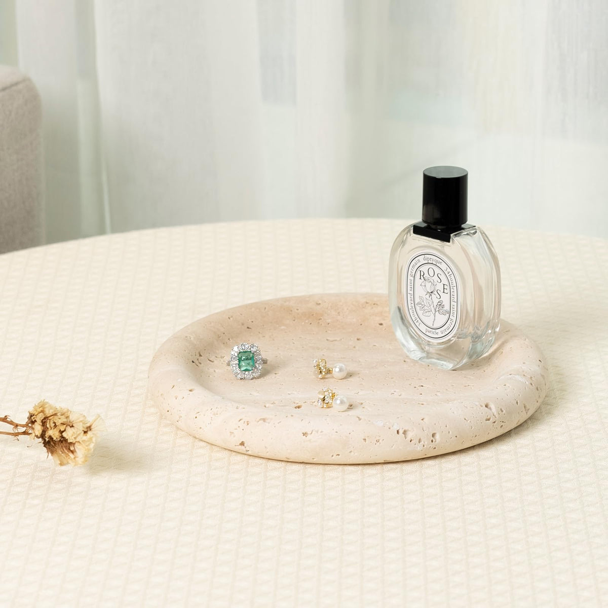 Koville Italian Round Travertine Tray, 8" Vanity Decorative Marble Tray for Countertop, Catchall for Perfume, Candles, Jewelry Dish