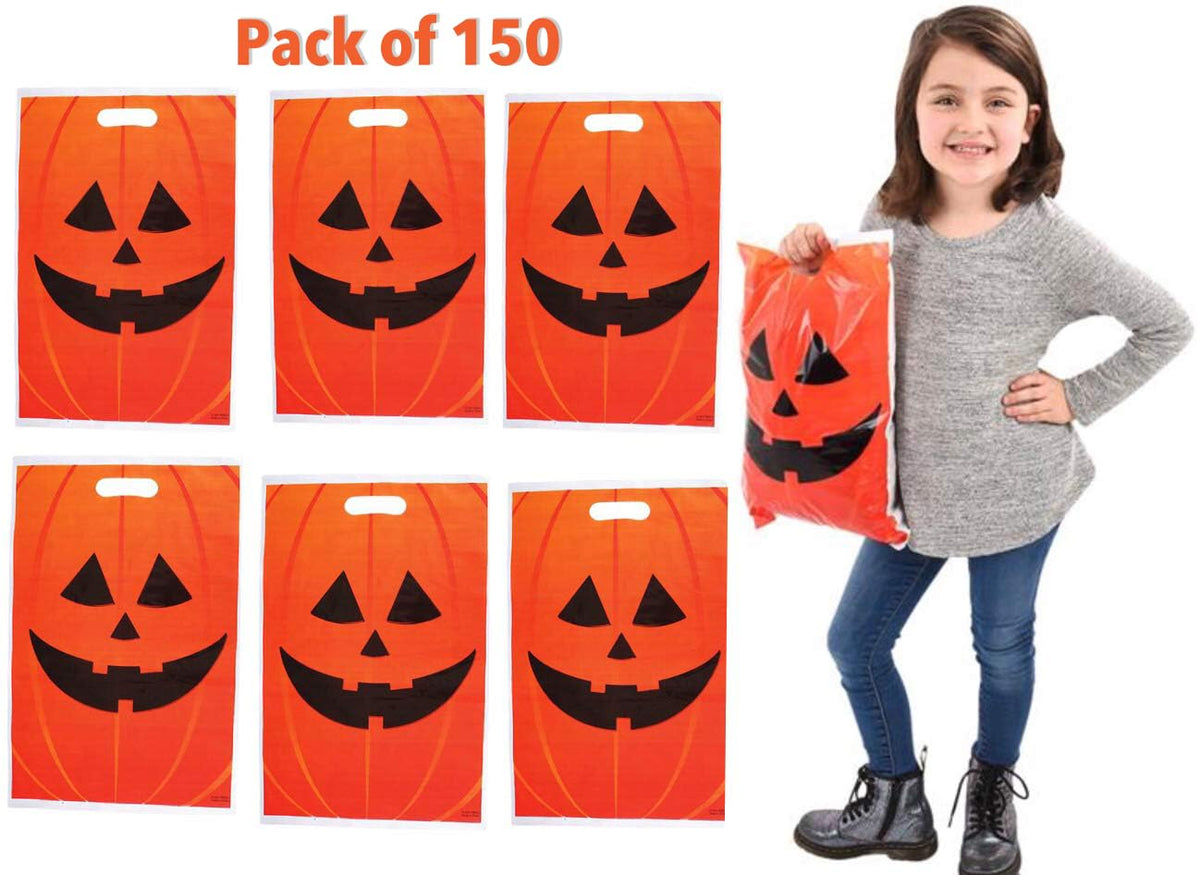 GiftExpress 150‑Pack 11″ × 17″ Jack O  Lantern Trick or Treat Goody Bags – Durable Plastic Halloween Party Favor Bags