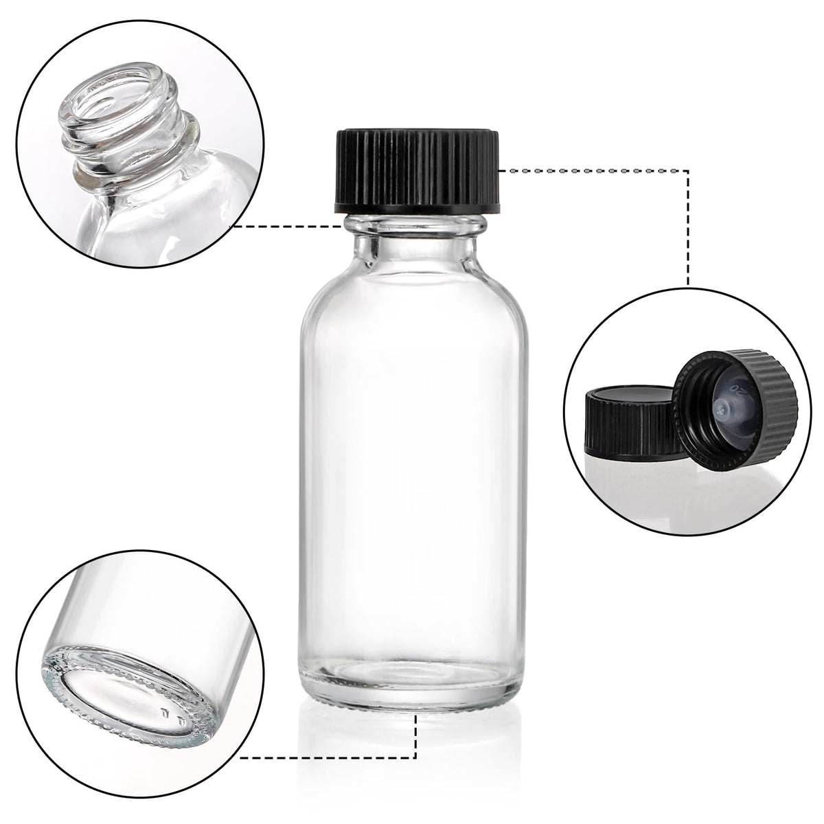 Bekith 30 Pack Boston Round Glass Bottle with Black Cap, 1 oz (30ml) Clear Glass Bottles Small Travel Bottle