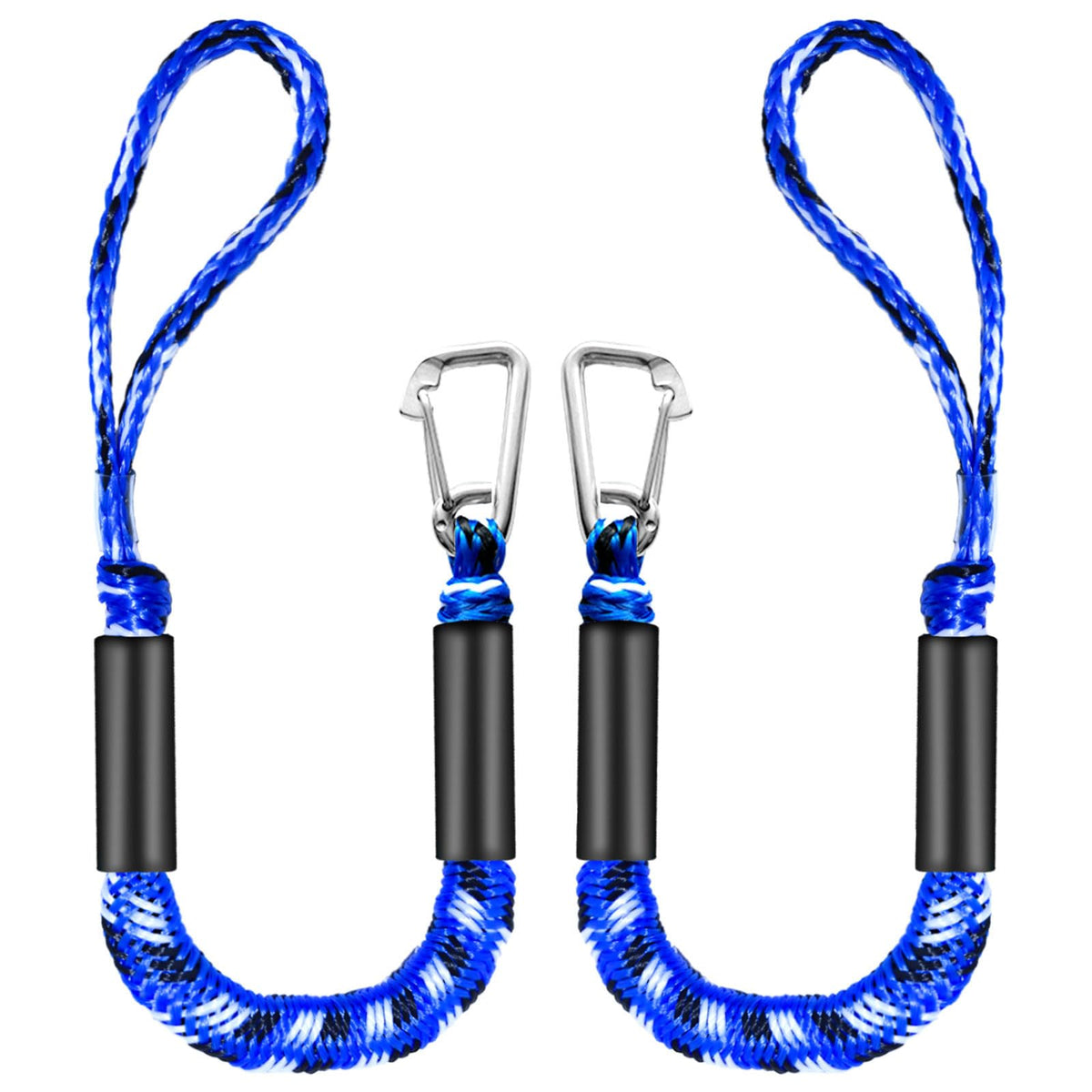 ZRSCHYG Bungee Dock Lines for Boats 2FT, Boat Tie Downs for Dock with Hooks, Elastic Dock Ties for Small Boat Jet Ski Kayak Mooring (2 Foot, 2-Pack, Blue,Black&White)