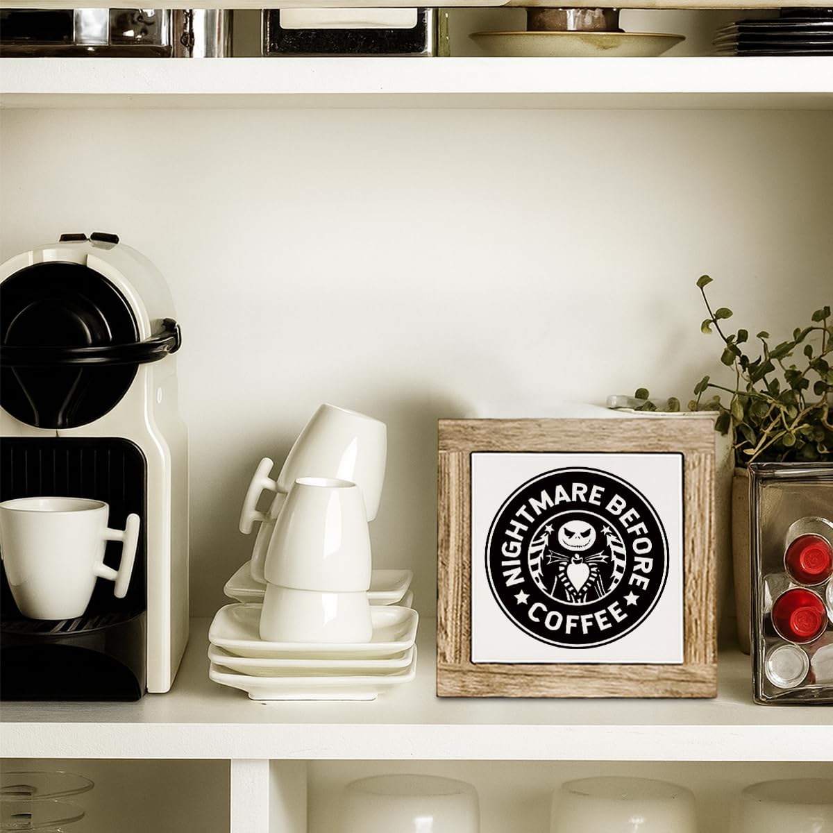 Nightmare Before Coffee Sign, Funny Cafe Decorative, Coffee Tiered Tray Halloween Sign, Spooky Gothic Neutral Black Skull Decor, Cafe Tabletop Decoration 5.9X5.9 Inches