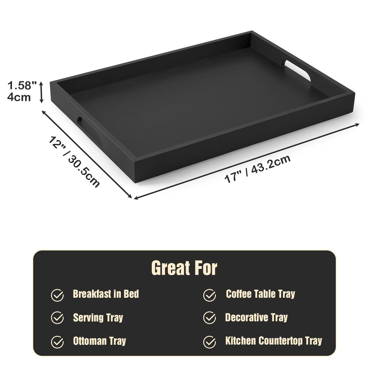 17 Inch Wood Serving Tray with Handles - Large Wooden Tray for Ottoman, Breakfast in Bed, Dinner, Coffee Table - Black Rectangular Tray for Living Room Bedroom Entryway and Kitchen