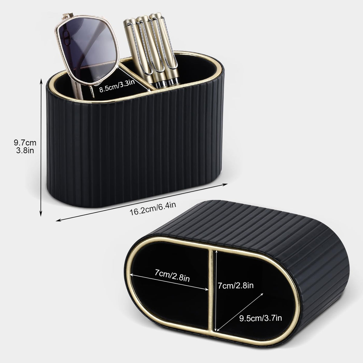 KINGFOM PU Leather Desk Organizer Pen Holder – Dual-Compartment Stylish Pencil Cup Remote Control Holder Desktop Supplies and Accessories Organizer Caddy for Office Home School (Black)