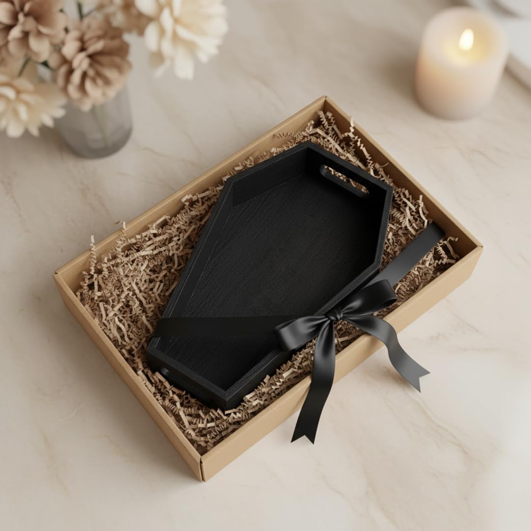 Art Secret Gothic Coffin Tray - Wooden Black Coffin-Shaped Storage Organizer for Desk, Vanity, Spooky Home Decor, Halloween Shelf Display, Goth Room Aesthetic (13")