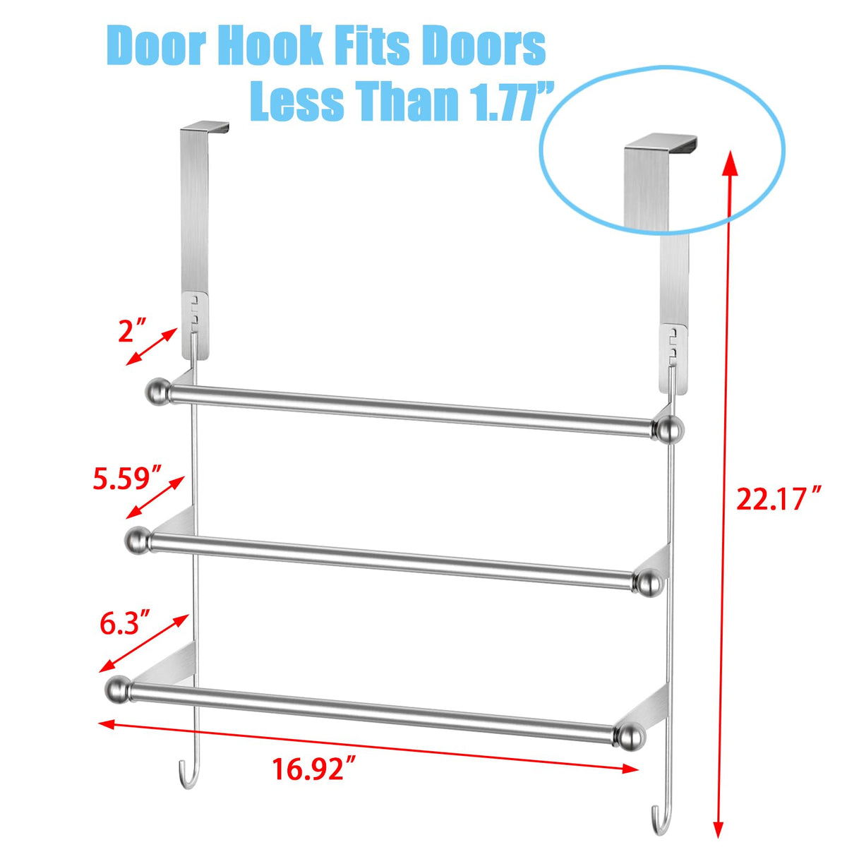 Over The Door Towel Rack,304 Stainless Steel Towel Rack with 2 Hooks, 3 Tier Towel Bar for Hanging Towels, Over Door Towel Storage Holder for Bathroom