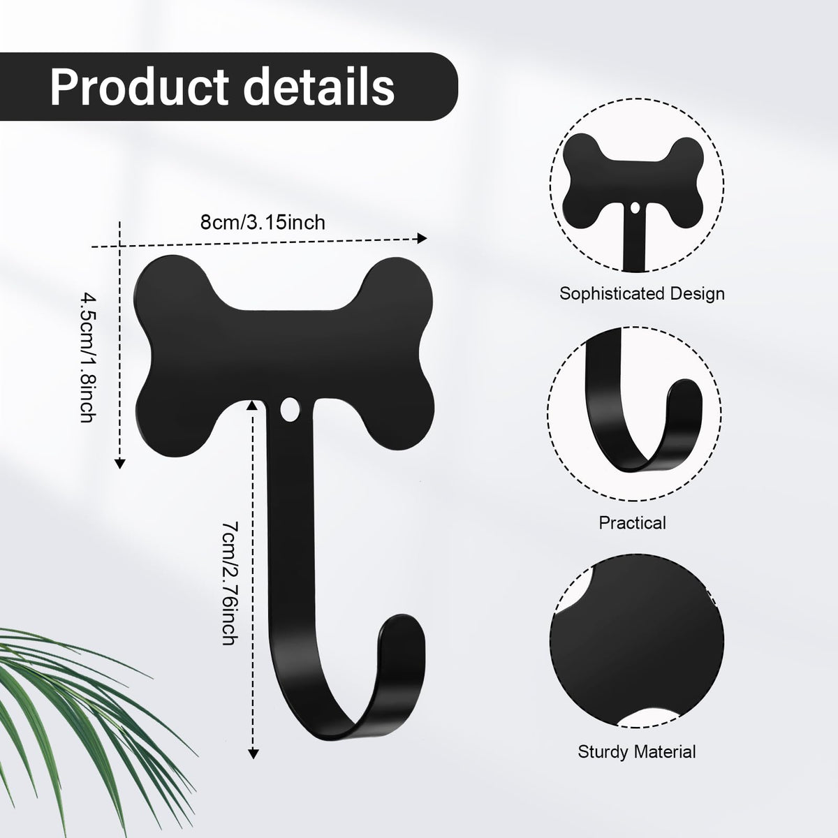 Hotop 8 Pieces Dog Bone Shaped Wall Hook Stainless Steel Leash Mounted Hanger Hooks with Nail for Coat, Key, Entryway, Hallway, Kitchen, Office Decoration(Black)