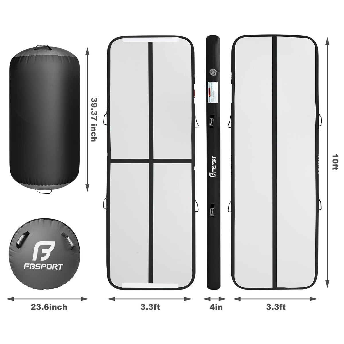 FBSPORT Inflatable Air Gymnastics Mat 4 inches Thickness and Air Roller 40x23.6 inches with Electric Air Pump 10ft Training Mats for Home Use Cheerleading Outdoor Training Park Yoga Beach Water (Black)