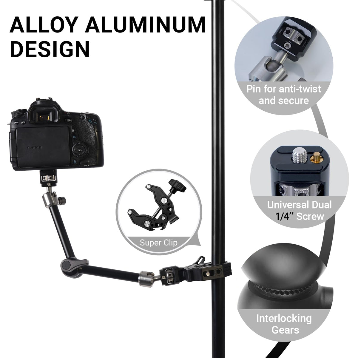 Heavy-Duty Articulating Magic Arm Mount with Super Clamp, 360° Dual Ball Head & 1/4" ARRI Locating Pin&Holes, Camera Monitor Mount for Action Camera Video LED Light (11" Magic Arm w/Clamp)