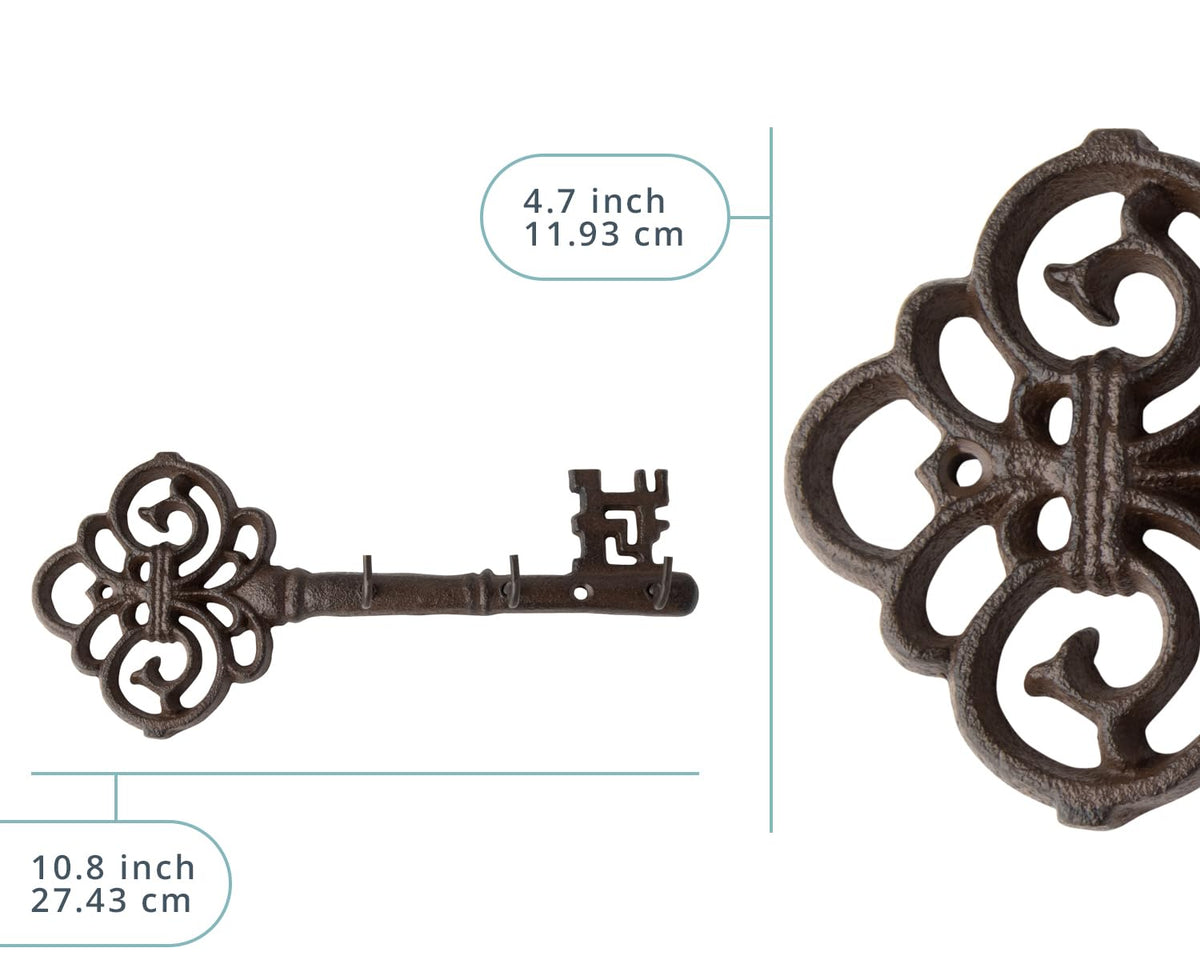 Comfify Brown Cast Iron Skeleton Key Wall Hook – 3 Hooks, 10.8" L